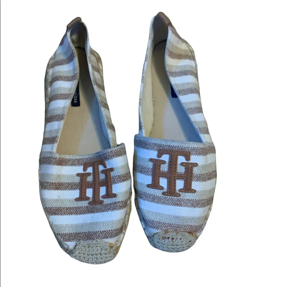Tommy Hilfiger Tan and White Striped Espadrilles with Logo